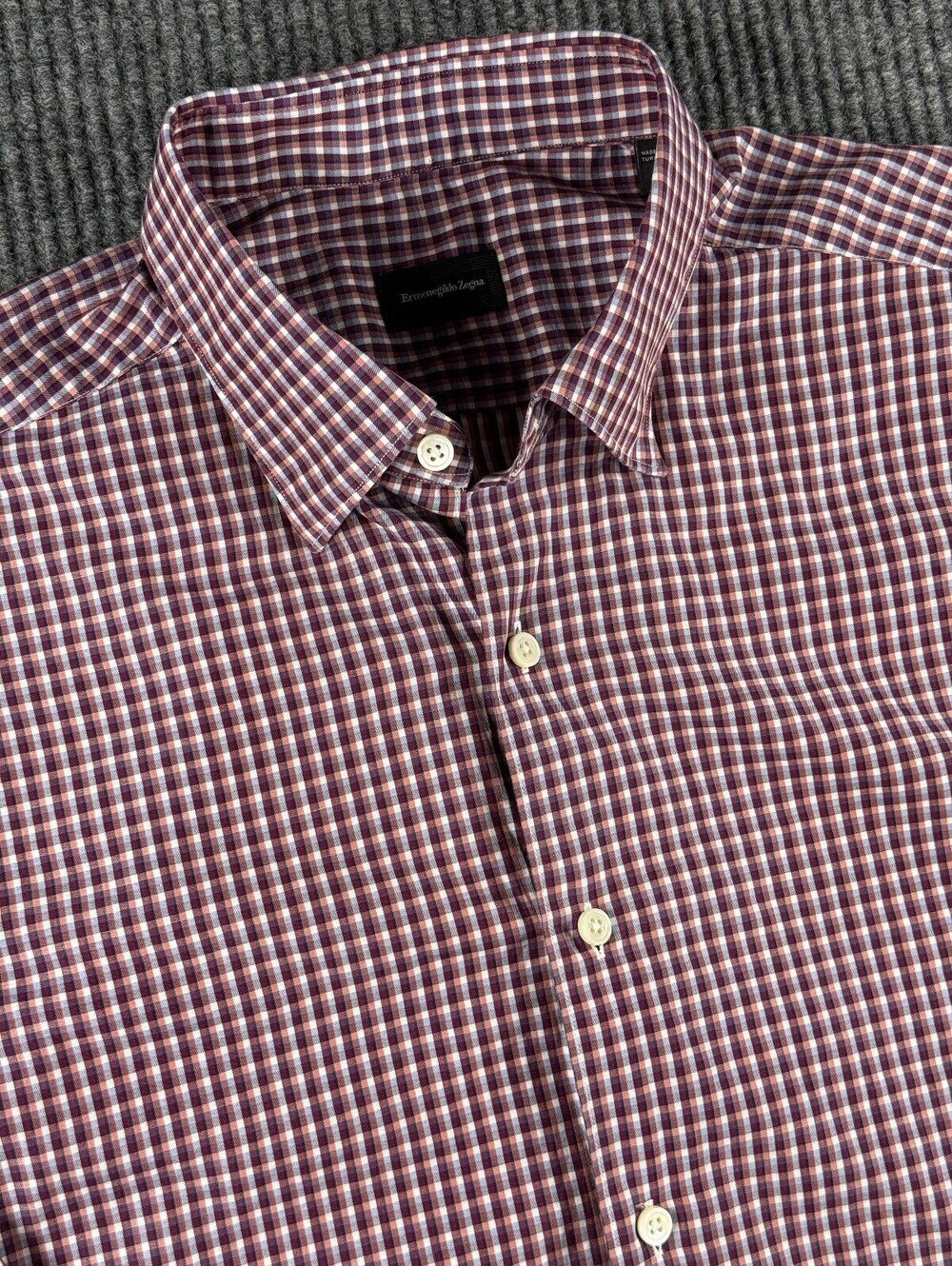 Ermenegildo Zegna Button Up Mens Large Long Sleeve Burgundy Microcheck Preppy